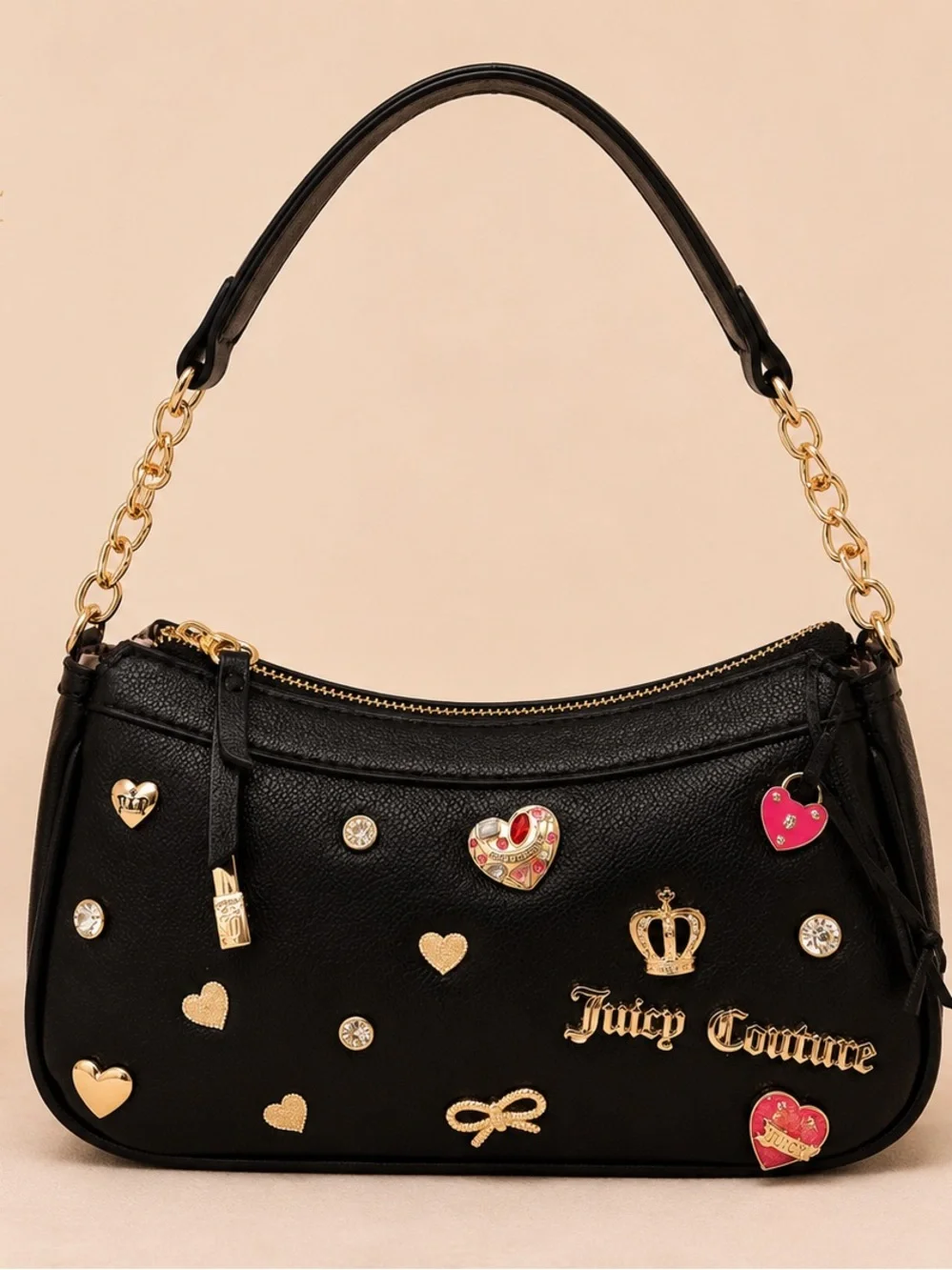Juicy Couture Black Embellished Heart Shoulder Bag with Gold Hardware